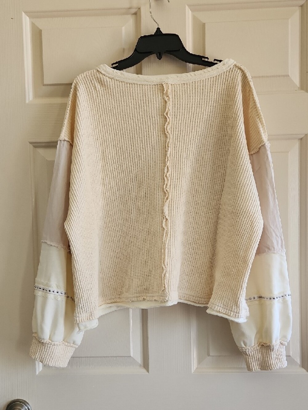 POL  Boutique Boho Oversized Cream Patchwork Waffle-Knit Studded Sweatshirt - Picture 2 of 11